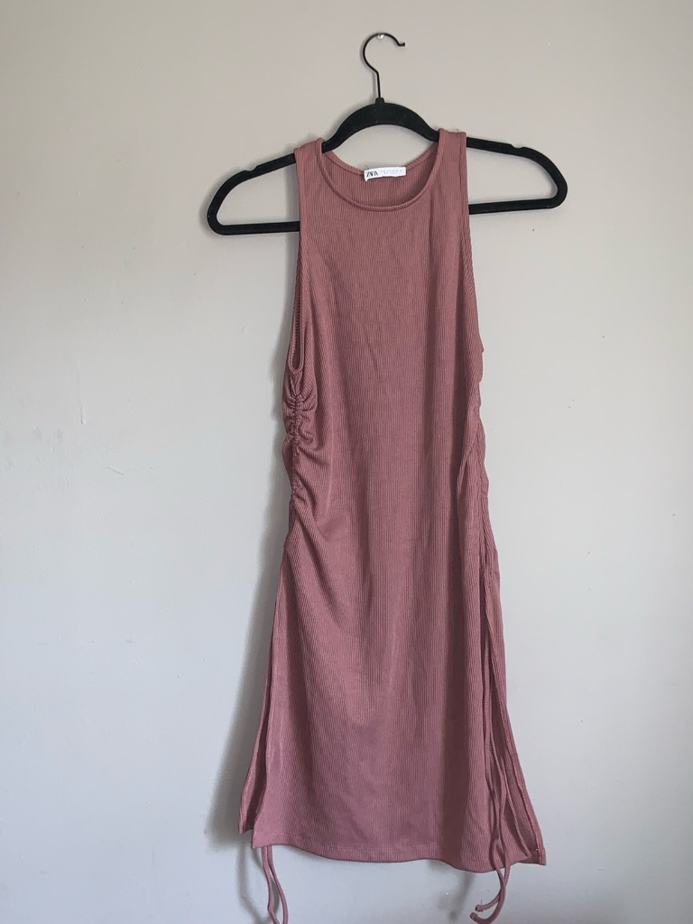 Zara Ruched Ribbed Tunic Sleeveless Side Slit Mini Dress - Mauve Pink